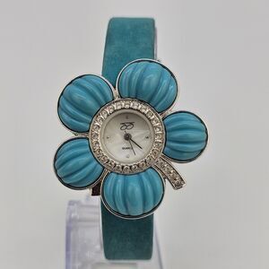 Suzanne Somers Women Watch 38MM Flower Shape Case Blue Leather Bands New Battery